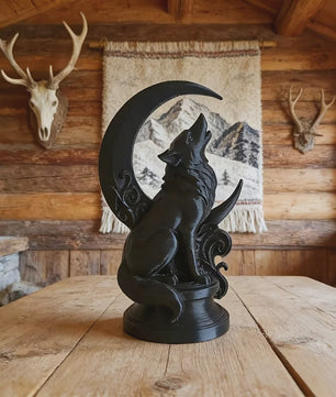 Wolf op Maan Totem Ornament - Decoratieve Beeldje voor Huis & Kantoor