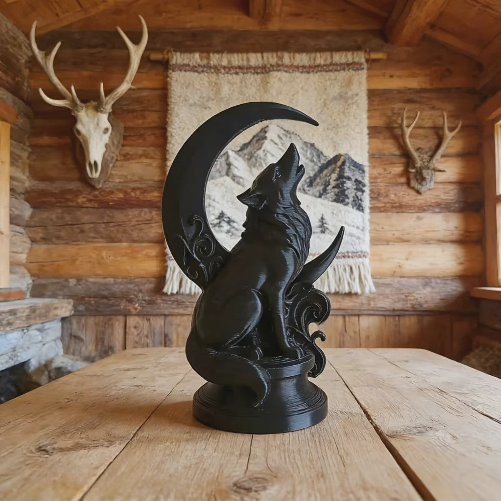 Wolf op Maan Totem Ornament - Decoratieve Beeldje voor Huis & Kantoor
