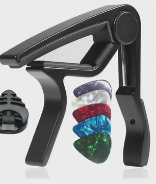 7-delige Gitaar Capo Set met 5 Picks en Houder - Zwart & Zilver