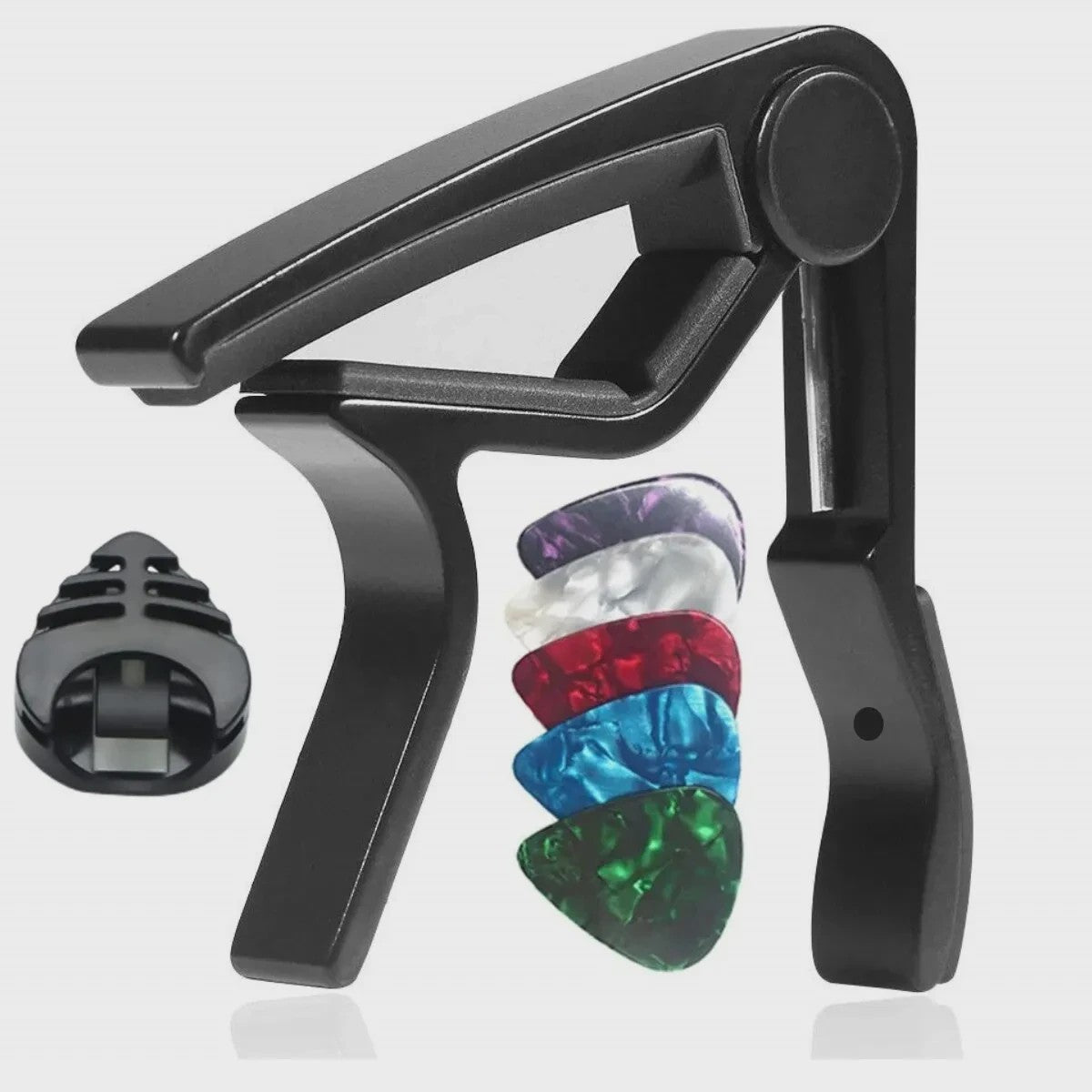 7-delige Gitaar Capo Set met 5 Picks en Houder - Zwart & Zilver