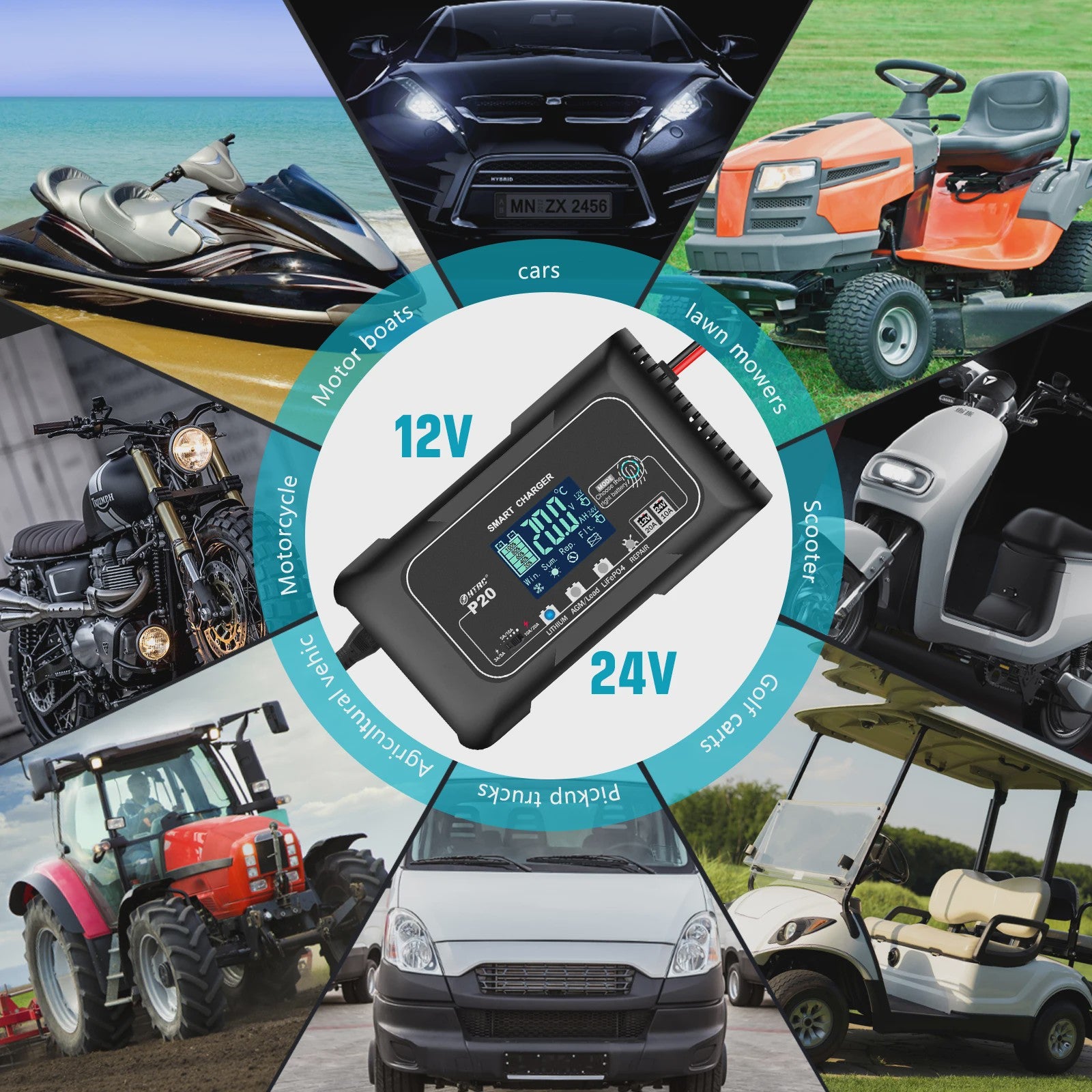 HTRC Slimme Acculader 12V/24V - Reparatie & Onderhoud voor Auto, Motor, AGM, Lithium