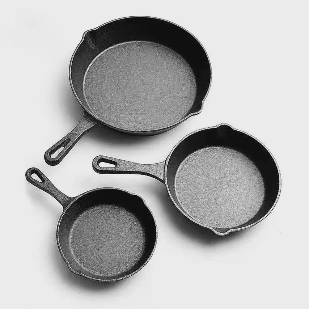 3-delige Gietijzeren Pannenset - Non-Stick Koekenpan met Giet tuit en Grill Handvat