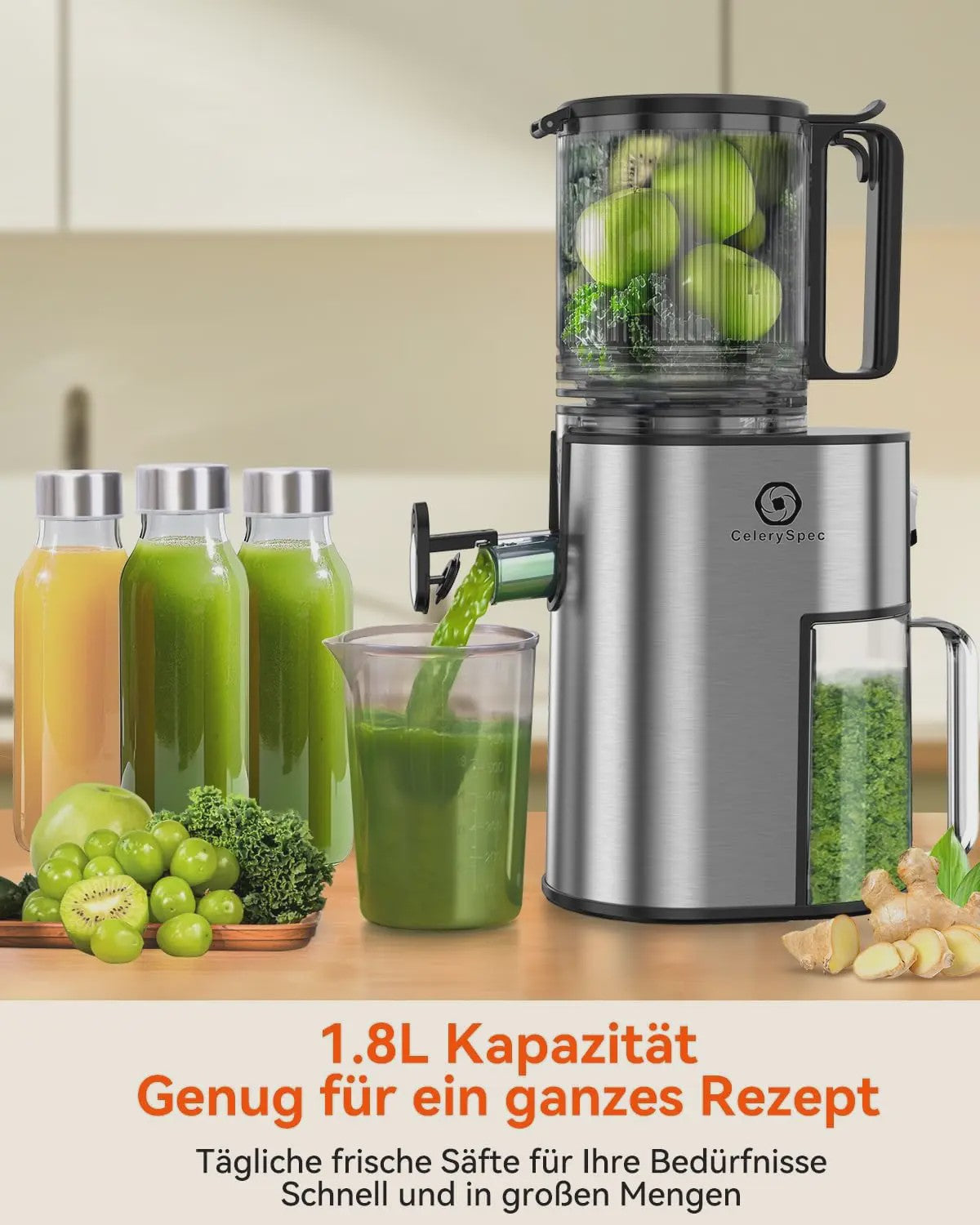 Automatische Slow Juicer Cold Press - 1.8L, 250W, BPA-Vrij, met 130mm invoer voor hele groenten en fruit