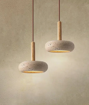 Wabi Sabi Hanglamp Rond Geel Steen met Hout - Sfeervolle LED Verlichting