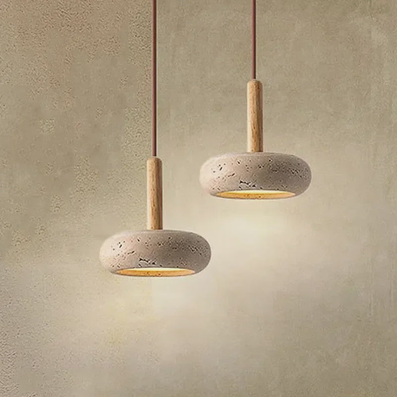 Wabi Sabi Hanglamp Rond Geel Steen met Hout - Sfeervolle LED Verlichting