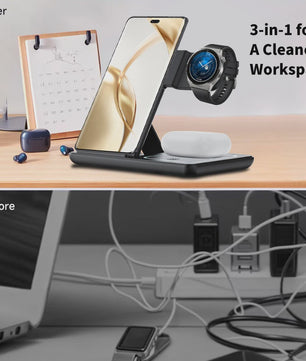 3-in-1 Opvouwbare Draadloze Oplader Stand voor Samsung Telefoon, Horloge & Earbuds - Snel Laden