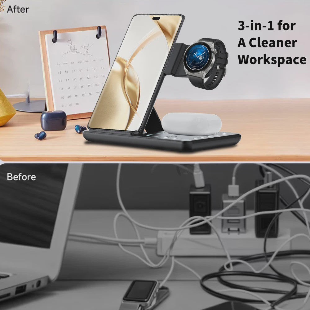 3-in-1 Opvouwbare Draadloze Oplader Stand voor Samsung Telefoon, Horloge & Earbuds - Snel Laden