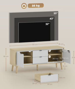 HOMCOM TV Meubel 120cm - Modern Wit & Eiken met Hoogglans Deuren en Laden
