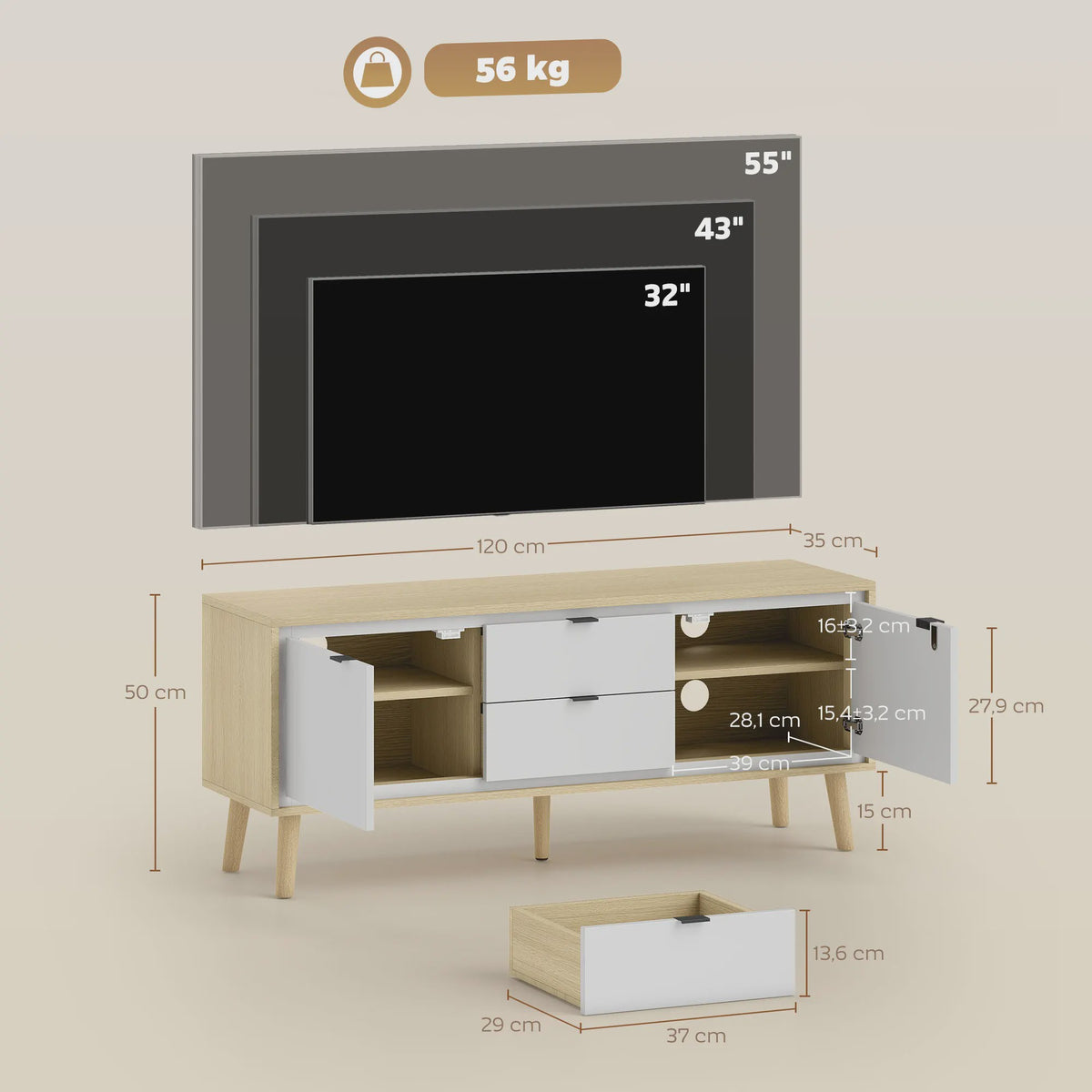 HOMCOM TV Meubel 120cm - Modern Wit & Eiken met Hoogglans Deuren en Laden