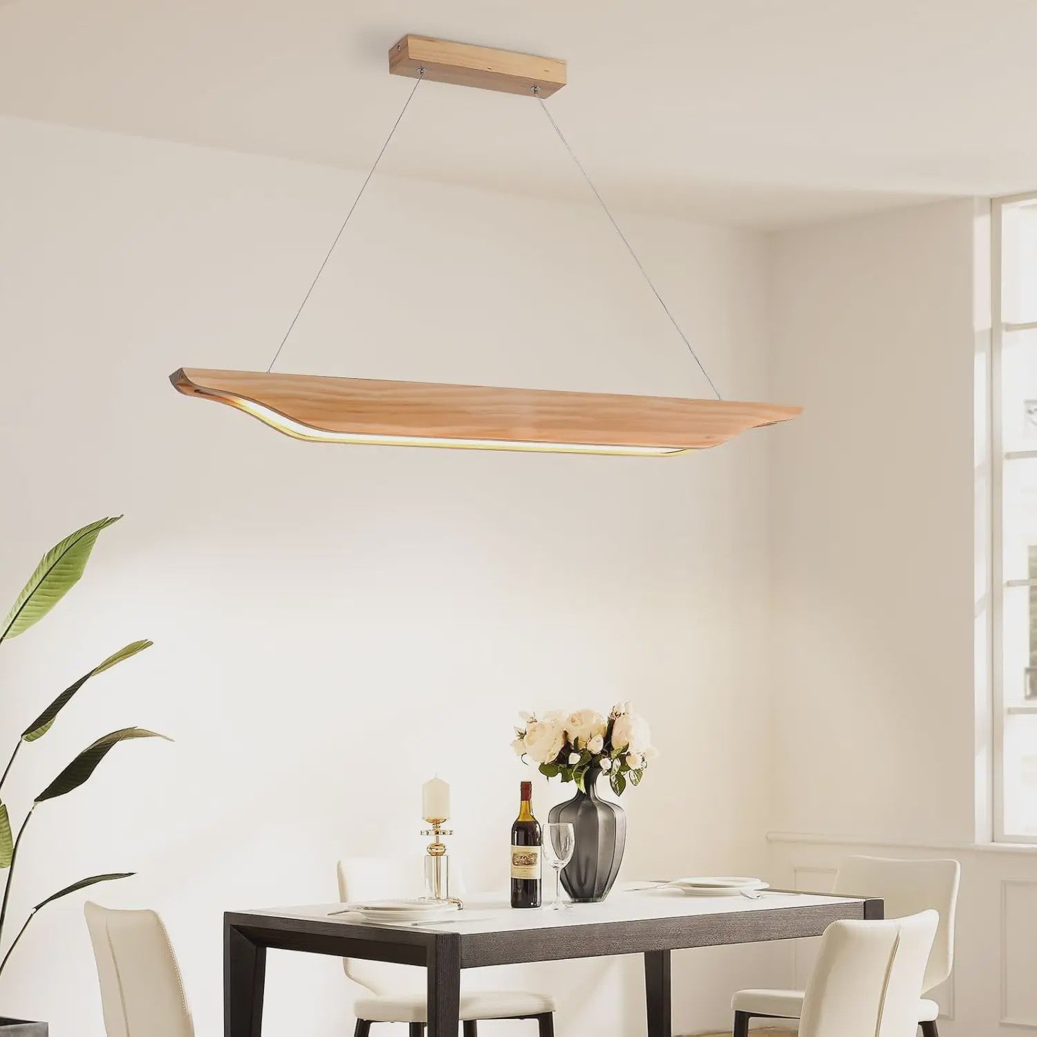 Moderne Houten LED Pendellamp 90cm - Dimbare Hanglamp met Afstandsbediening voor Eettafel, Woonkamer, Keuken