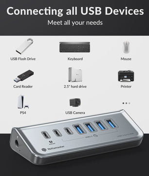 Yottamaster USB 3.2 Hub 10Gbps Type-C Docking Station met 5x USB 3.0 Poorten