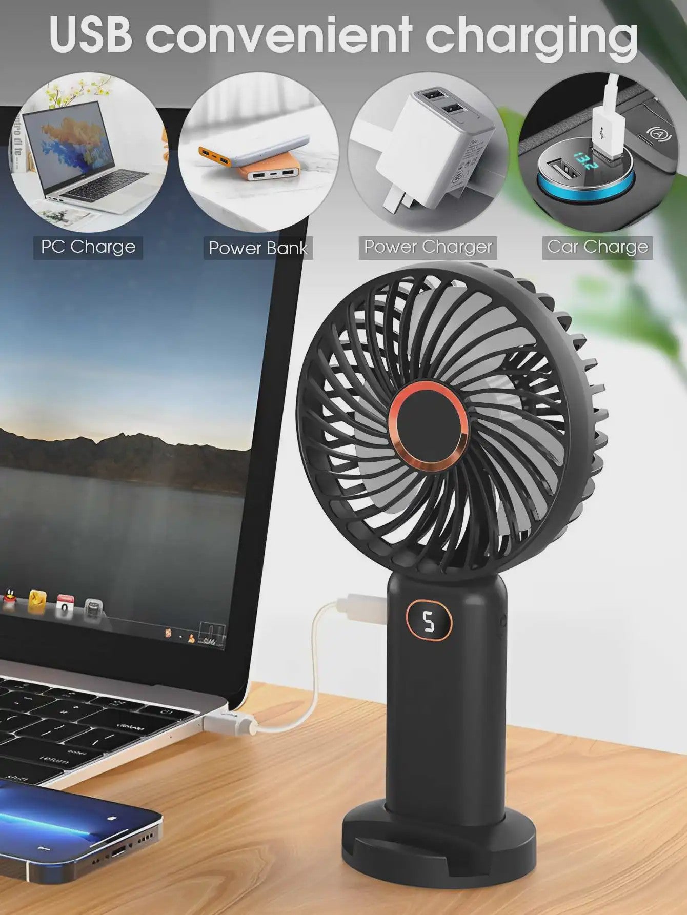 Draagbare Handventilator met Digitale Display en 5 Snelheden, USB Oplaadbaar