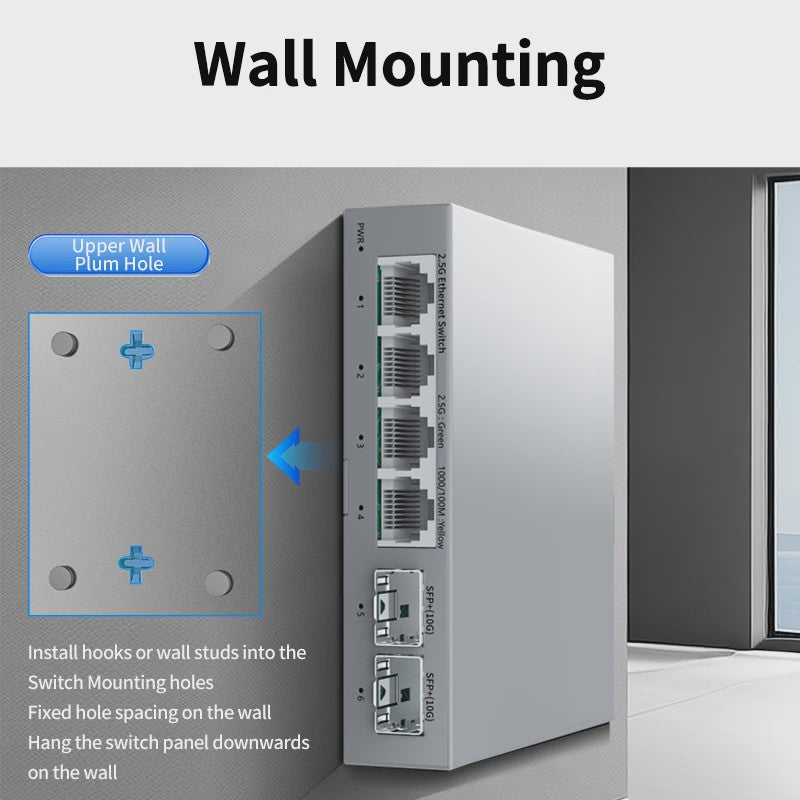 HORACO 2.5Gbps Netwerk Switch met 4x 2.5G RJ45 Poorten en 2x 10G SFP+ Poorten - Fanless, Unmanaged, Plug & Play