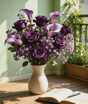 Kunstboeket Paarse Rozen, Calla Lelies & Gipsenkruid - 16 Stuks