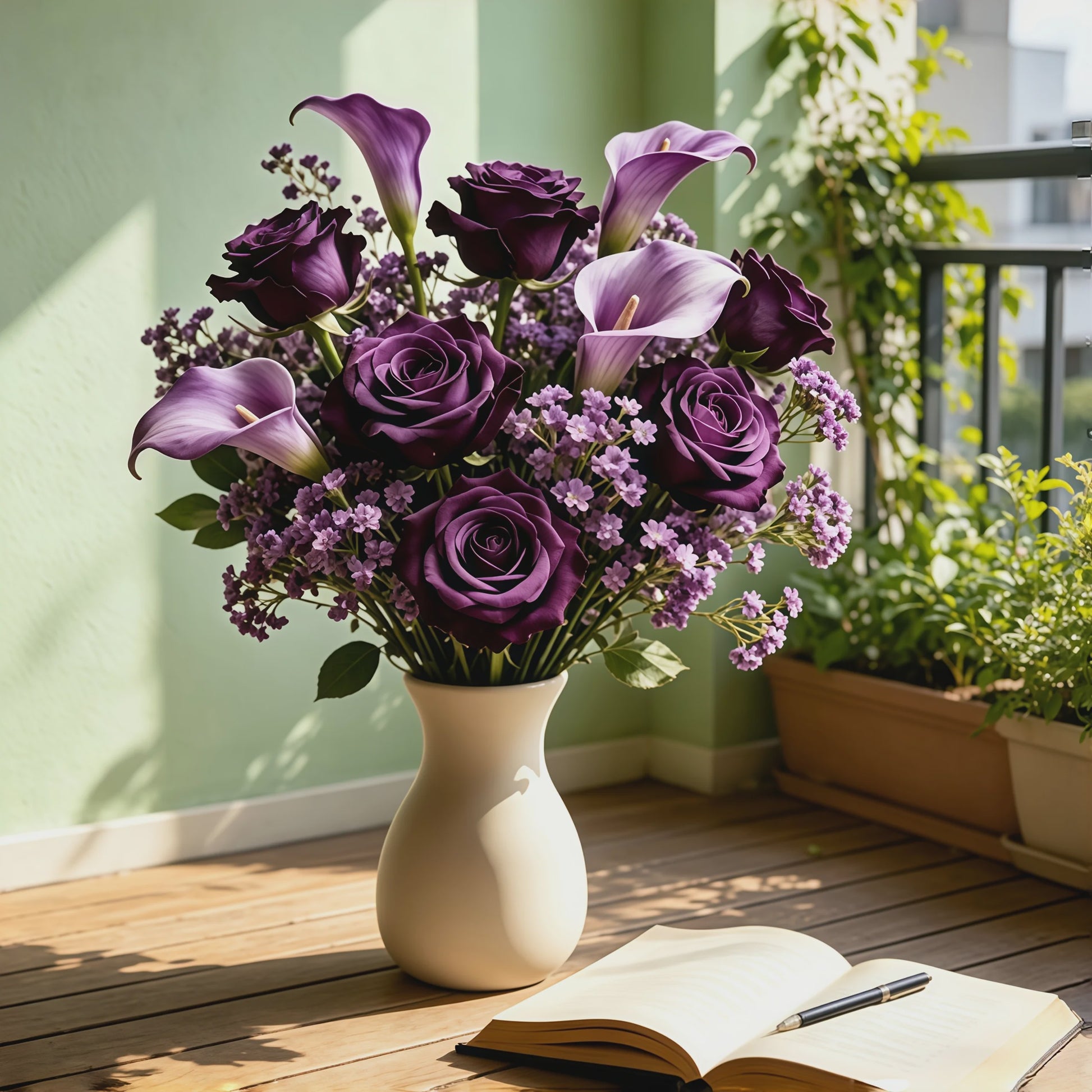 Kunstboeket Paarse Rozen, Calla Lelies & Gipsenkruid - 16 Stuks