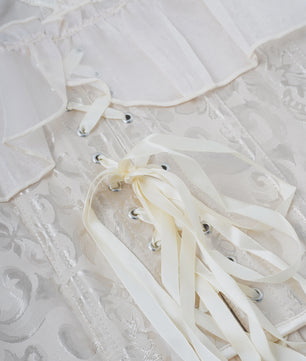 Beige Jacquard Off-Shoulder Corset Top met Ruches en Vetersluiting - Feestelijk & Chic