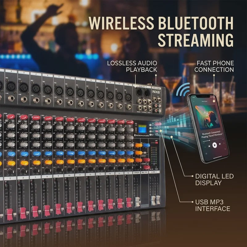 Yamnweo CT16 Professionele 16-Kanaals Audio Mixer met DSP Effecten, Bluetooth & USB