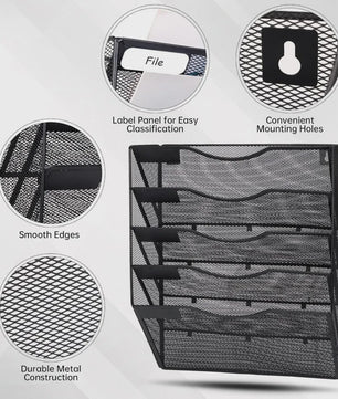 5-Vaks A4 Wand Organizer Mesh Documentenhouder Zwart Metaal