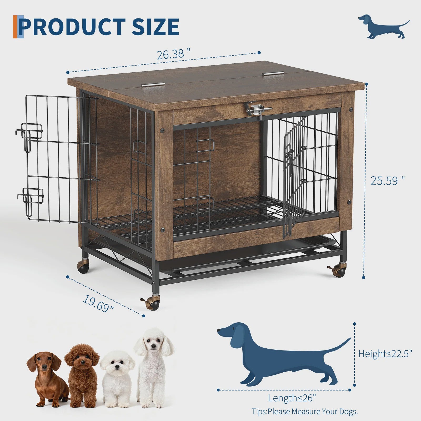 Luxe Houten Hondenkooi Meubel met Dubbele Deuren en Wielen - Afsluitbare Binnen Bench & Tafel voor Kleine/Medium Honden