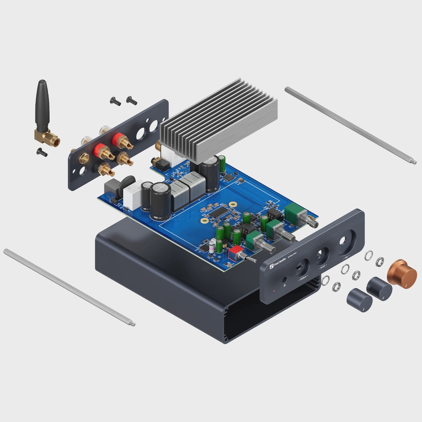 Fosi Audio BT20A PRO Bluetooth 5.0 Versterker - 2x 300W Mini HiFi Stereo Klasse D Audio Versterker met Bass & Treble Controle