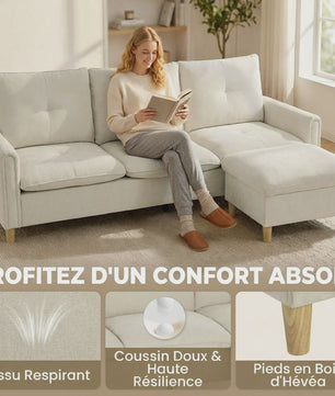 HOMCOM 3-zits bank met opbergpouf - Verstelbare hoek, brede zitting, linnenlook stof, crème