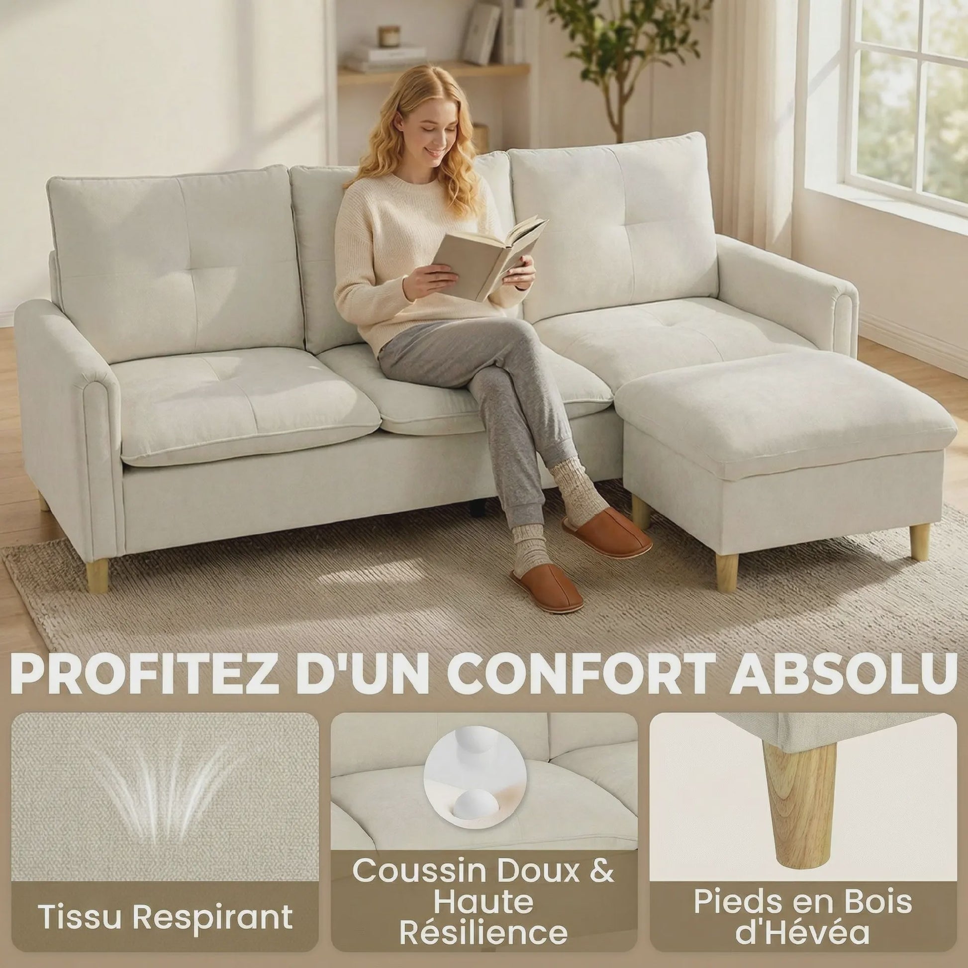 HOMCOM 3-zits bank met opbergpouf - Verstelbare hoek, brede zitting, linnenlook stof, crème