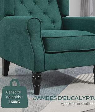 Groene Gestoffeerde Wingback Fauteuil met Brede Zitting en Klassieke Stijl