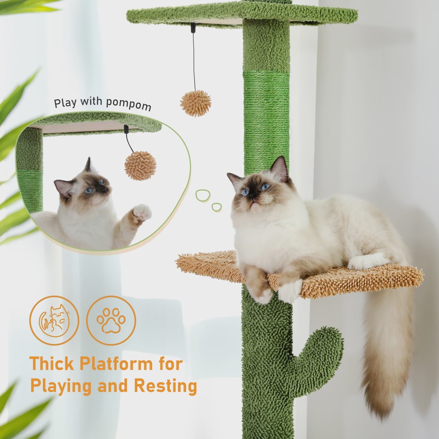 Cactus Kattenboom 5-Tier Vloer tot Plafond Klimpaal met Hangmat & Krabpaal