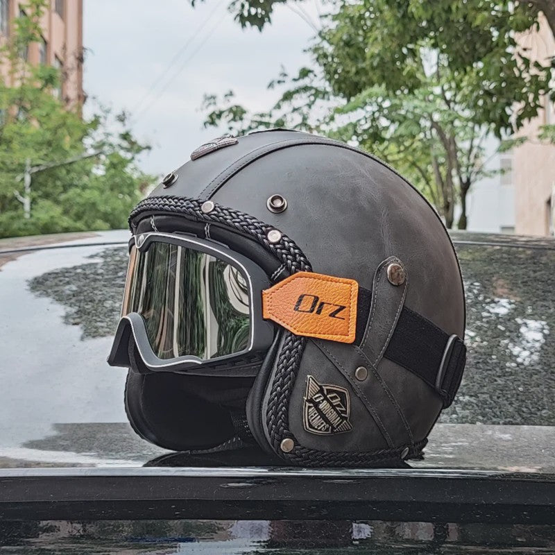 Retro Open 3/4 Motorhelm PU Leer - Stijlvol & Veilig met DOT Keurmerk