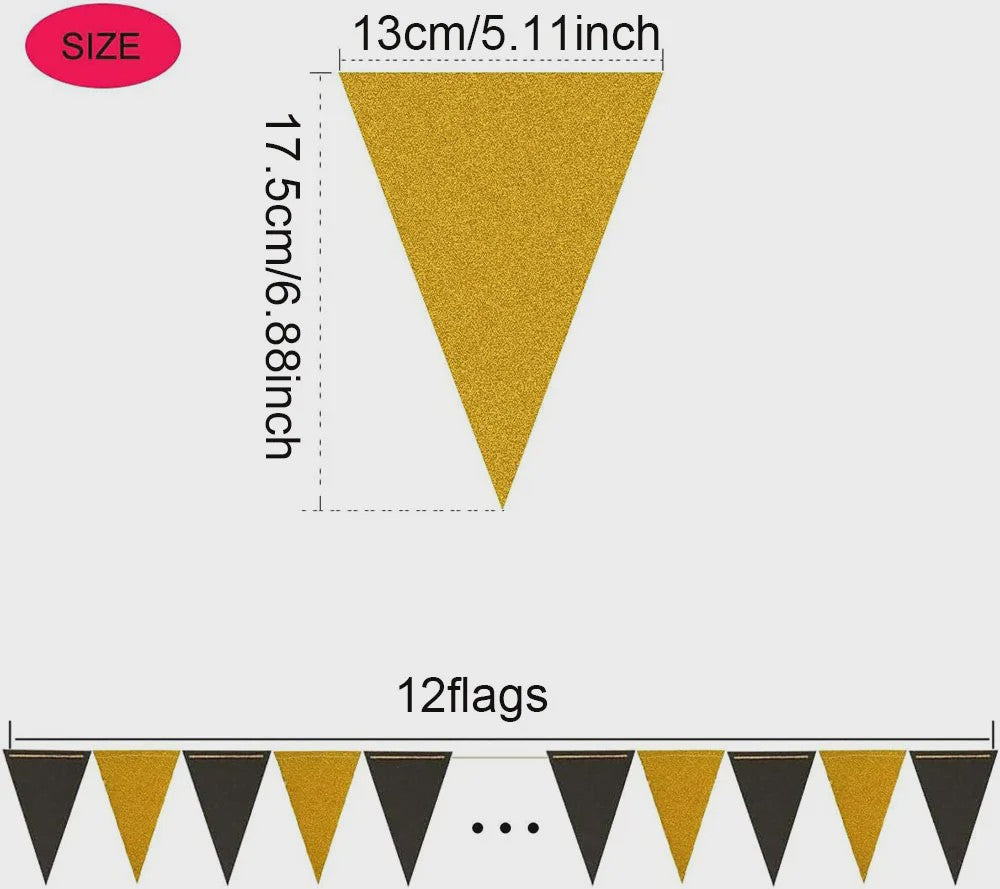 Zwarte en Gouden Driehoek Vlaggenlijn - Feestelijke Banner voor Verjaardag, Bruiloft & Feestdecoratie