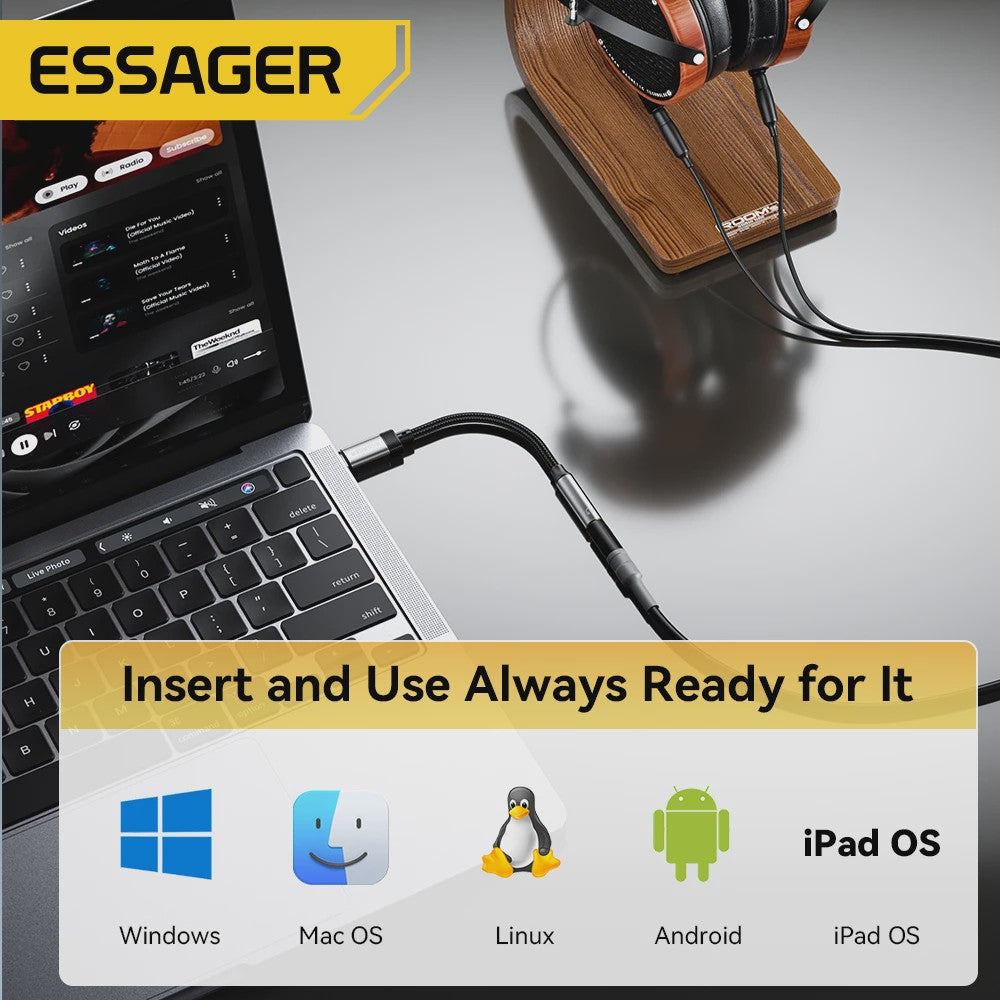 Essager Type-C & Lightning naar 3.5mm Jack AUX Audio Kabel Adapter voor iPhone 15/14/13, Samsung, MacBook