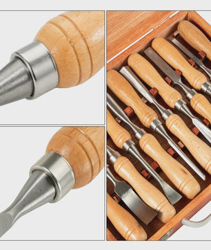 12-delige Houtsnijset met Houten Koffers en Professionele Beitels