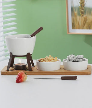 Mini Chocolade Fondue Set met Houten Dienblad en Vorkjes - Perfect voor Feestjes