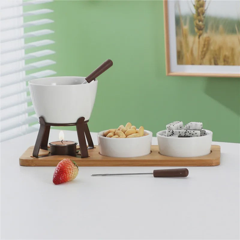 Mini Chocolade Fondue Set met Houten Dienblad en Vorkjes - Perfect voor Feestjes