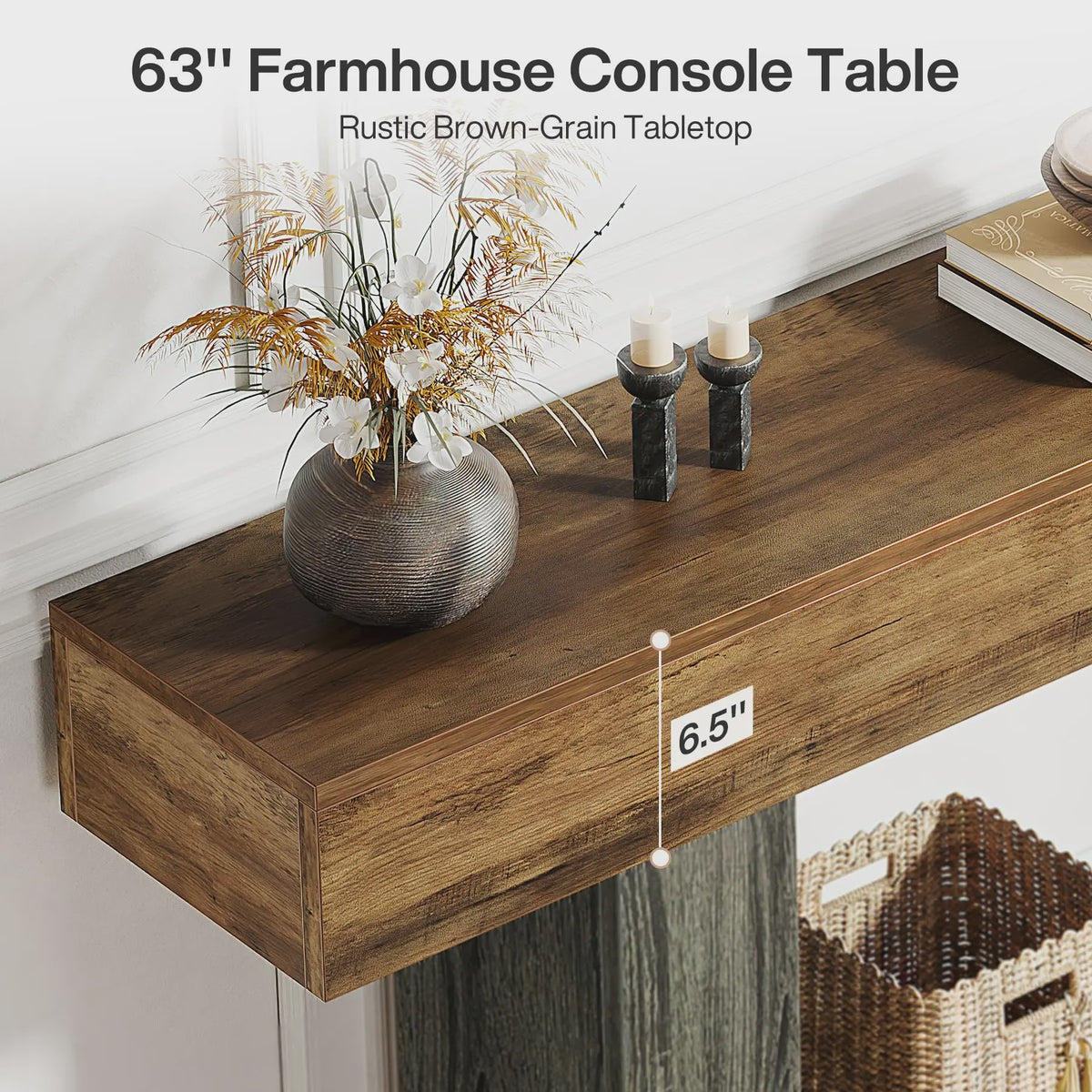 Lange Console Tafel 63 Inch - Farmhouse Entree Tafel met U-Vormige Basis en Onderste Plank