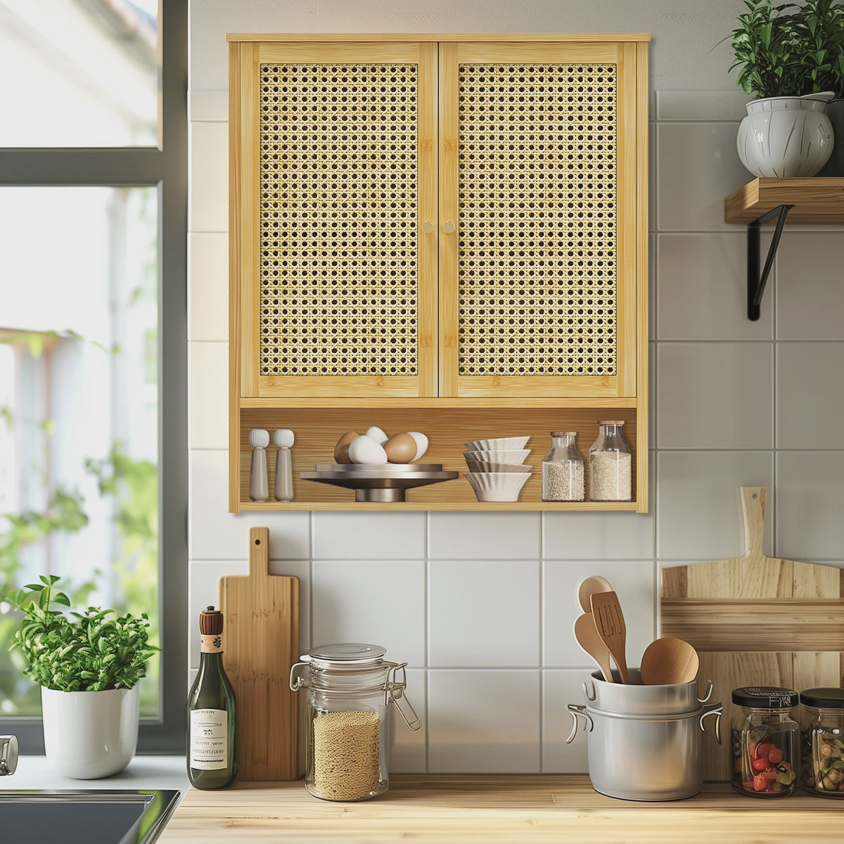Houten Wandkast met 2 Rotan Deuren - Medicijnkastje en Keukenkastje