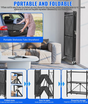 3-Laags Opvouwbaar Metalen Rek met Wielen - Flexibele Opbergoplossing voor Huis & Garage