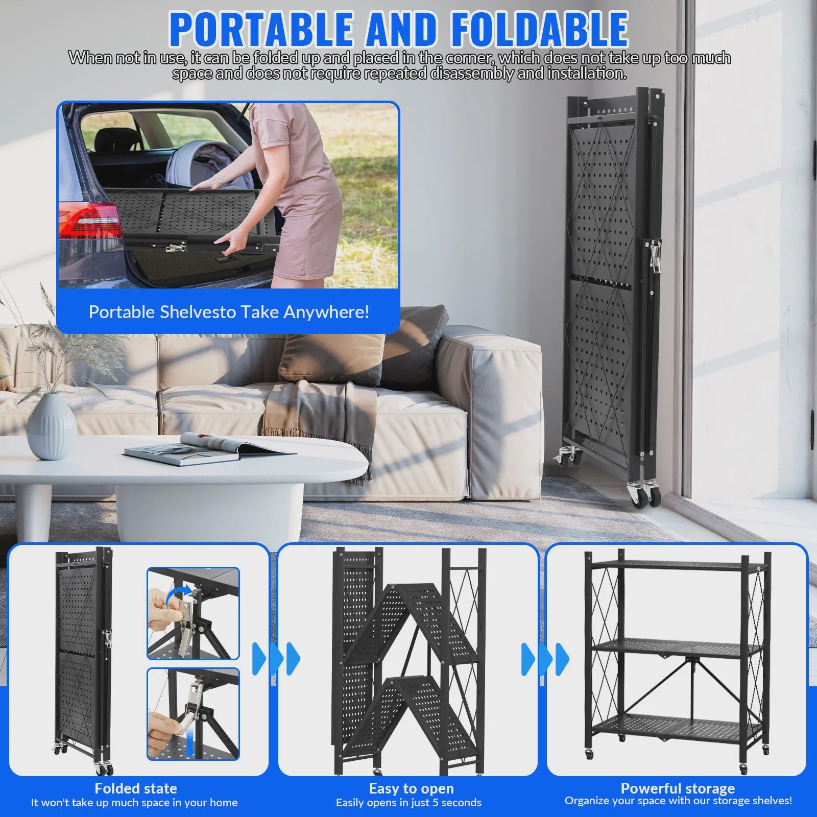 3-Laags Opvouwbaar Metalen Rek met Wielen - Flexibele Opbergoplossing voor Huis & Garage