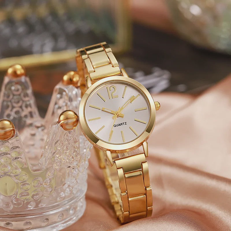 Luxe Dameshorloge Set met Minimalistische Wijzerplaat en Goudkleurige Armband - Stijlvol Quartz Polshorloge