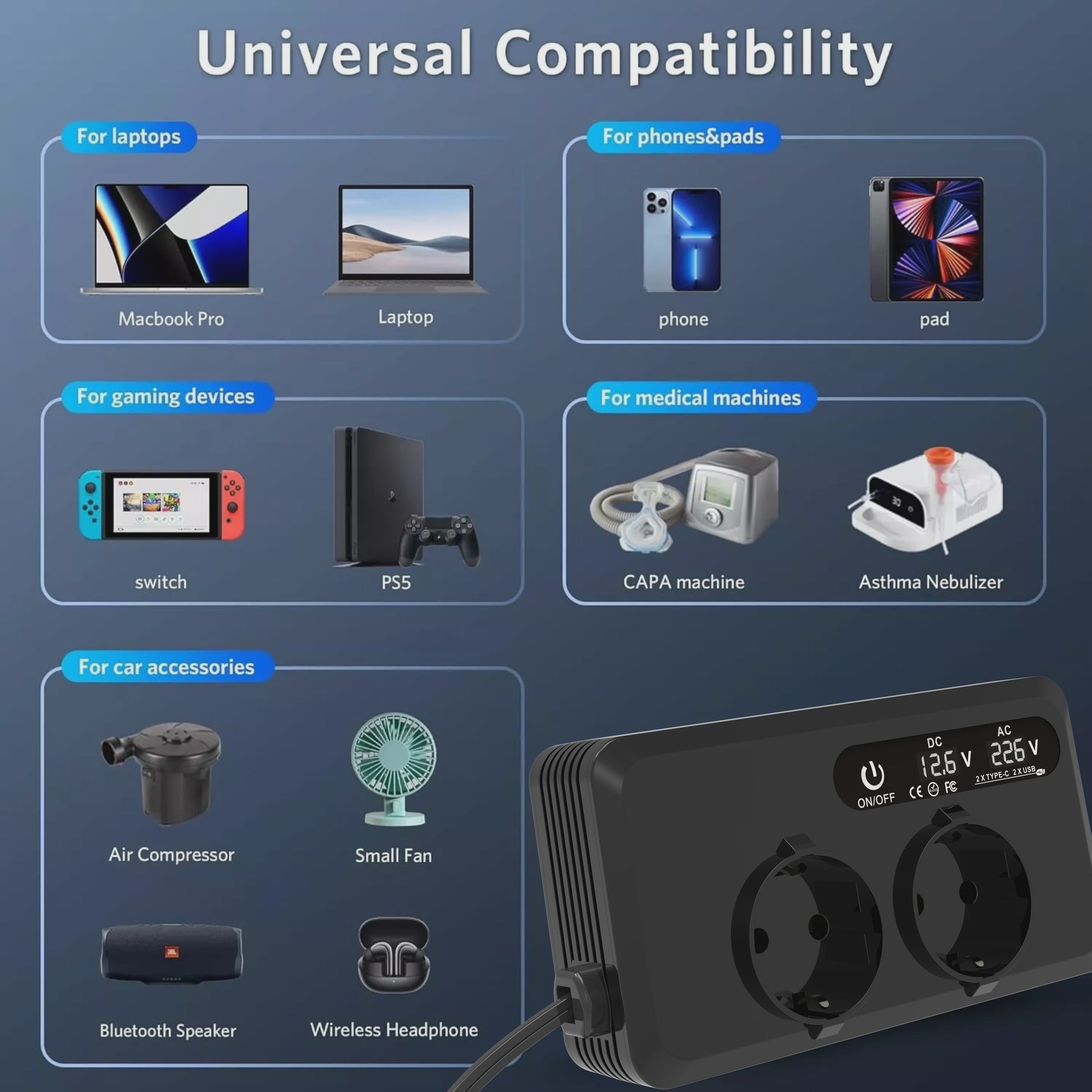 200W Auto Omvormer met 2x AC Stopcontact, 2x USB & 2x USB-C - Snel Laden