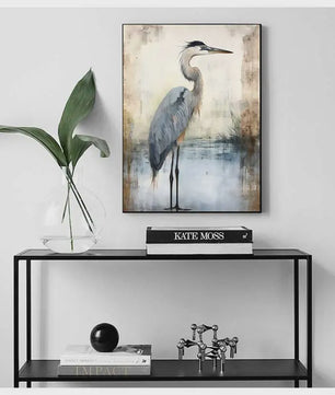 Minimalistische Blauwe Reiger Aquarel Poster - Stijlvolle Wanddecoratie