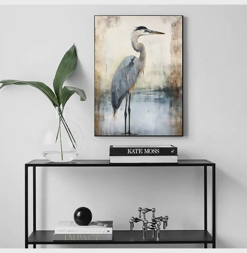 Minimalistische Blauwe Reiger Aquarel Poster - Stijlvolle Wanddecoratie