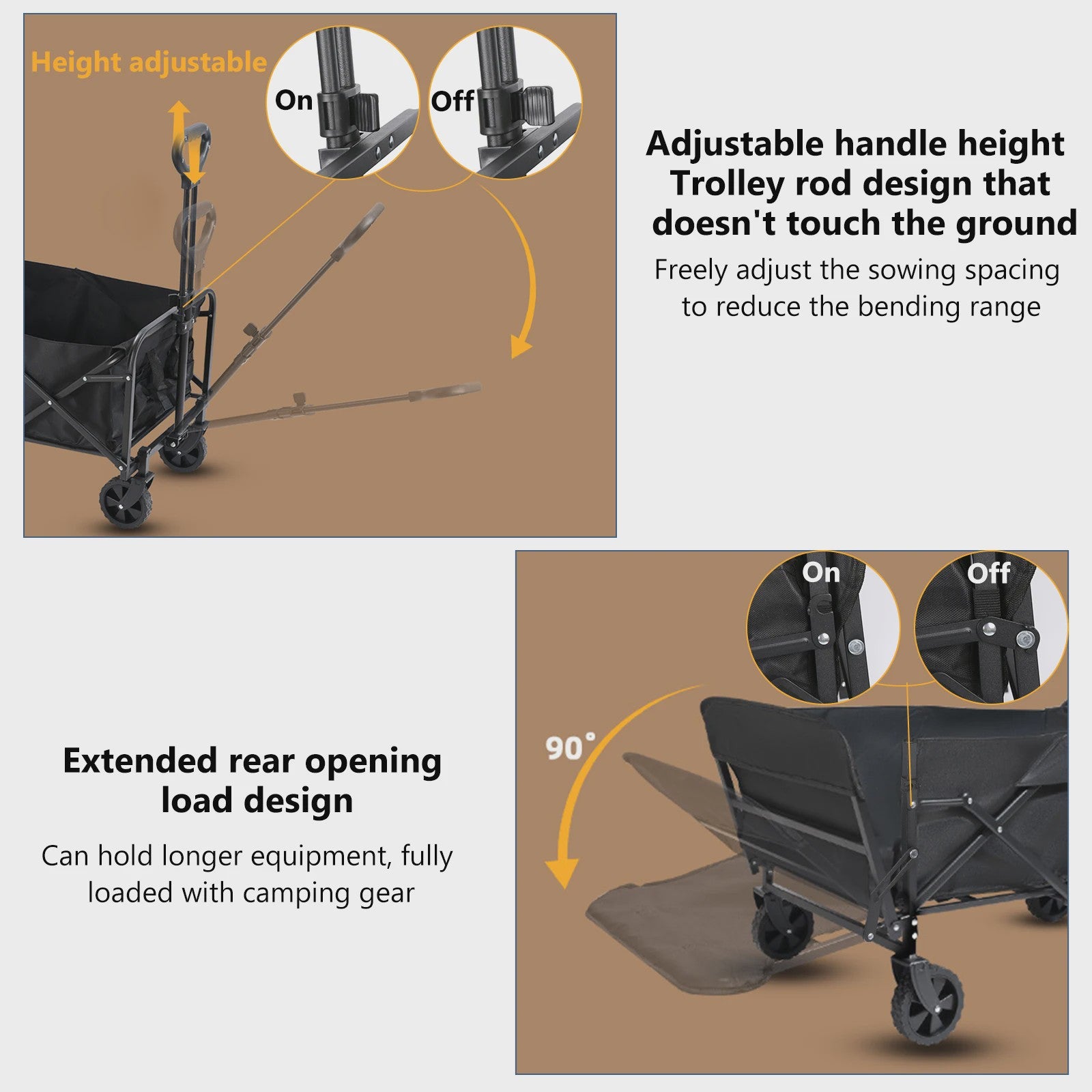 Uitklapbare Kampeerwagen Trolley - 150L, 75kg, 360° Wielen, Verstelbare Handgreep - Ideaal voor Strand, Tuin & Boodschappen