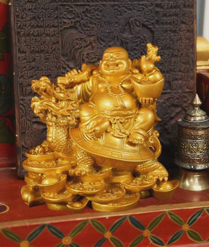 Gouden Lachende Boeddha Beeld met Draak en Schildpad - Feng Shui Decoratie