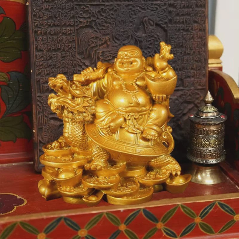 Gouden Lachende Boeddha Beeld met Draak en Schildpad - Feng Shui Decoratie