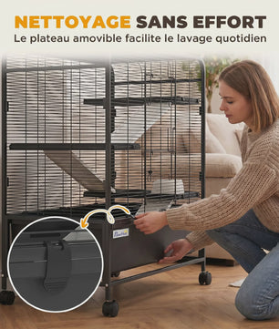 Ruime Knaagdierenkooi op Wielen met 4 Niveaus, 3 Platforms, 3 Hellingsbanen & Waterfles - Zwart