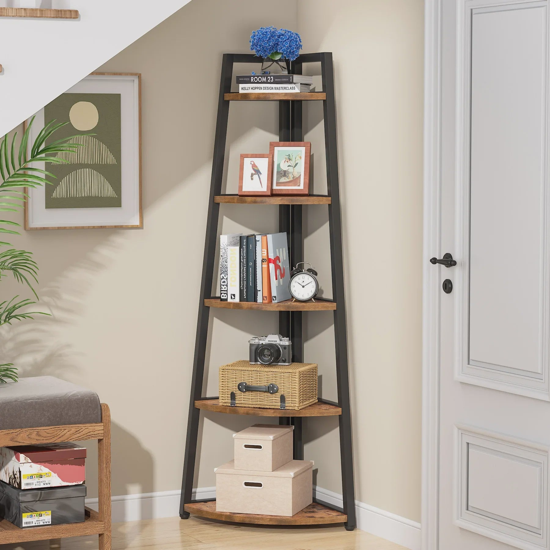 Hoekboekenkast met 5 etages - Stijlvol Hout & Metaal Design