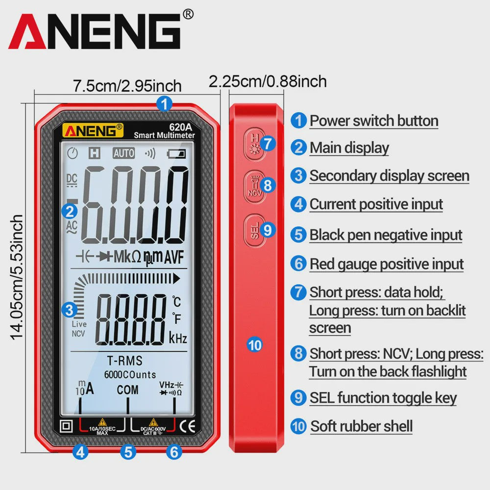 ANENG 620A Digitale Multimeter: 6000 Counts, AC/DC, Temperatuur, NCV & Live Wire Detector