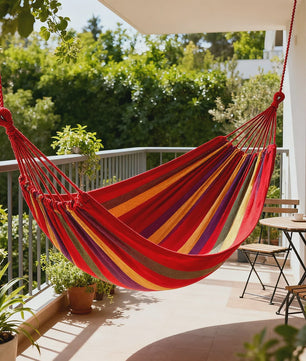 Dubbele Hangmat 2 Persoons Katoen Canvas met Boomriemen - Rood/Blauw Gestreept