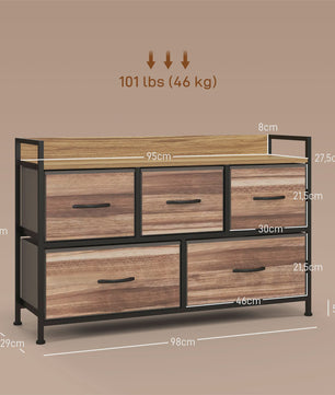HOMCOM Opbergmeubel met 5 Stoffen Lades - Zwart Stalen Frame - 98x29x63 cm